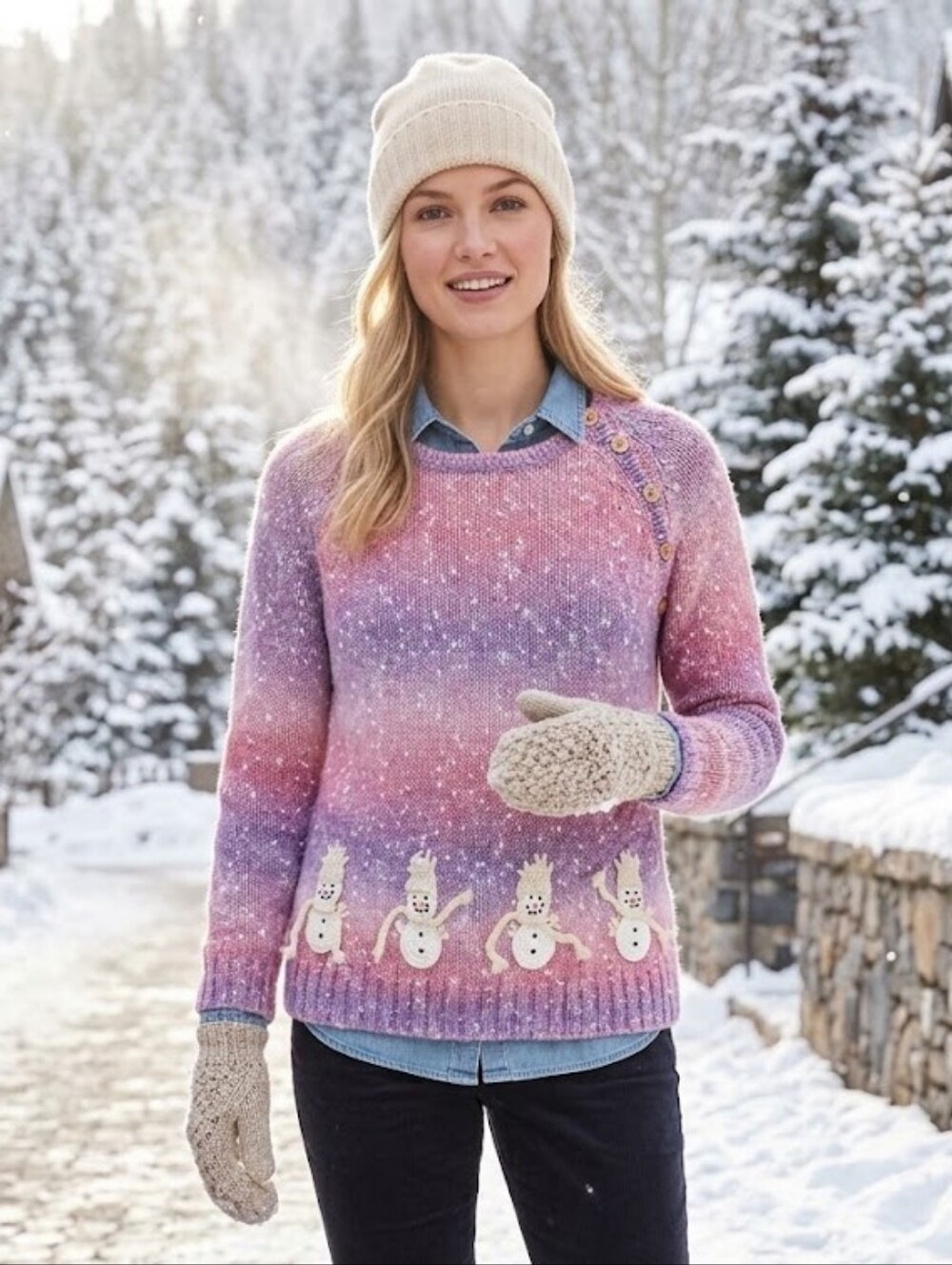 Talbots Pink and Purple Gradient Snowman Crewneck Sweater